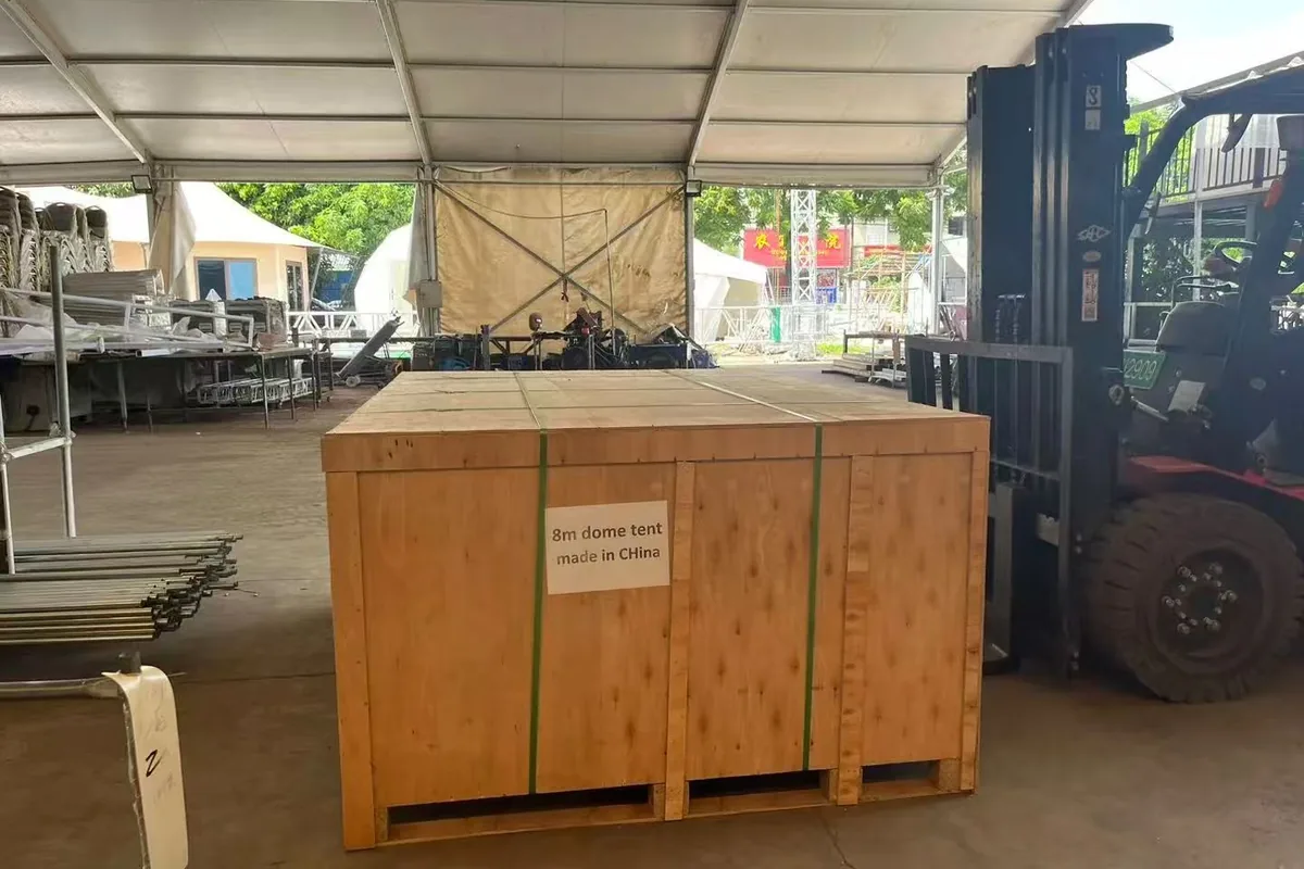 Oversized wooden export crate with forklift for machinery shipping